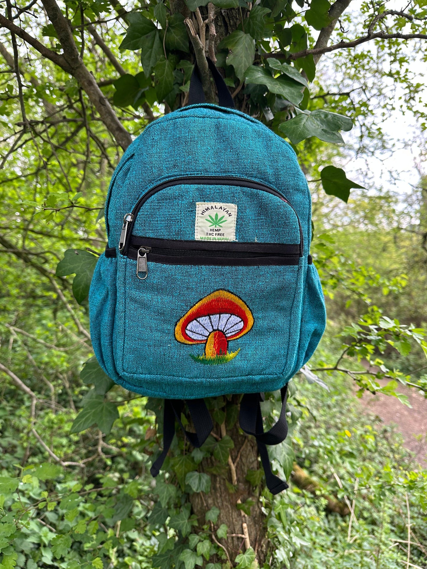 Handmade Himalayan Hemp & Cotton Backpack - Embroidery Mushroom Design (Medium Size)