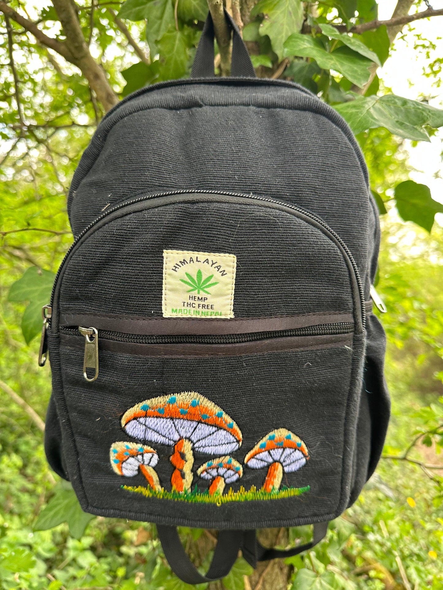 Handmade Himalayan Hemp & Cotton Backpack - Embroidery Mushroom Design (Medium Size)