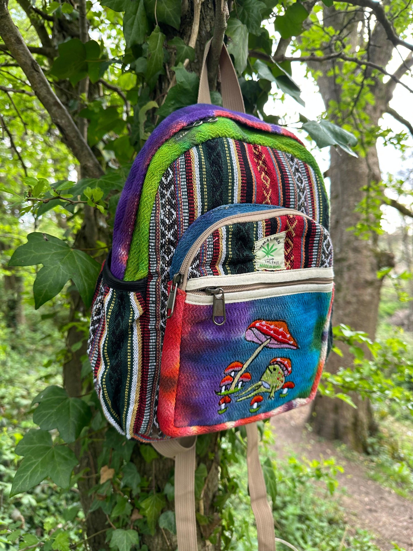 Handmade Himalayan Hemp & Cotton Backpack - Embroidery Mushroom Design (Medium Size)