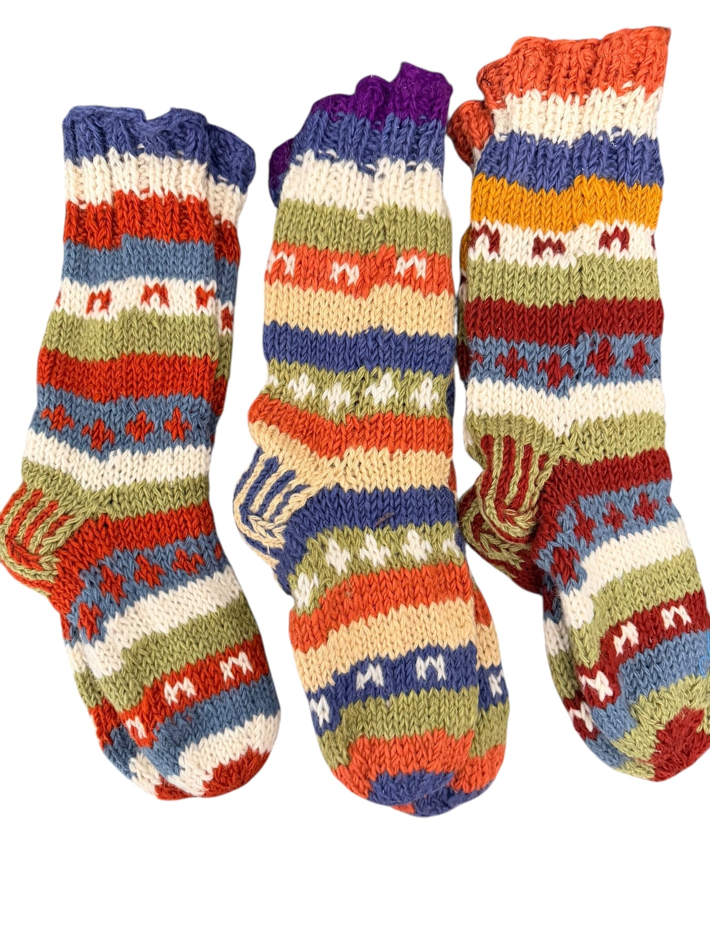 Hand-Knitted Fleece-Lined Organic Wool Socks – Autumn Fair Isle Pattern (Fits up to Size UK 7)