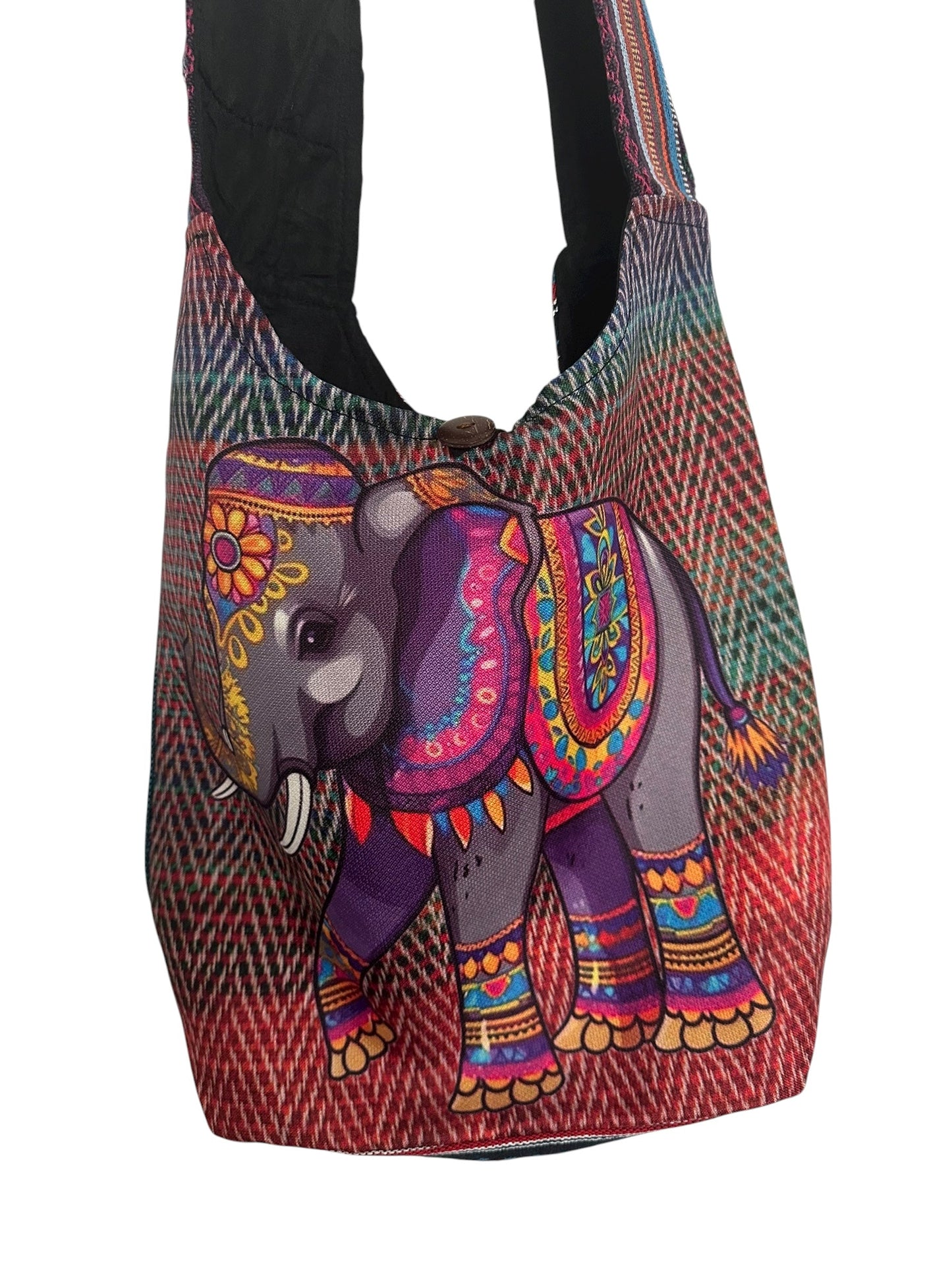 Colorful boho-style elephant print cotton sling bag with zip and button closure, handmade hobo shoulder bag.