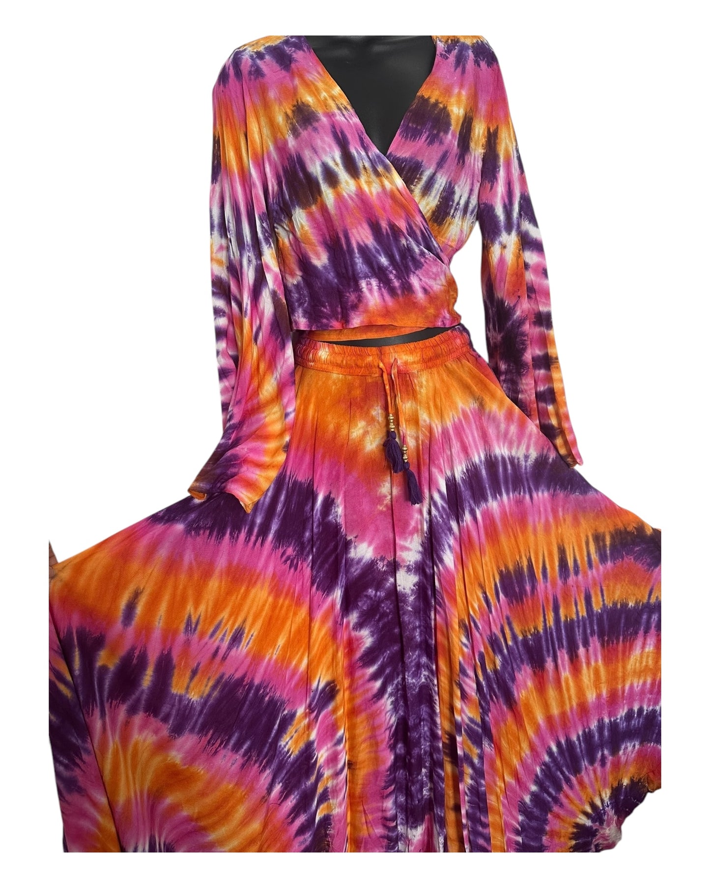 Boho Tie-Dye 2-Piece Set - Wrap Top & Flowy Skirt with Pockets
