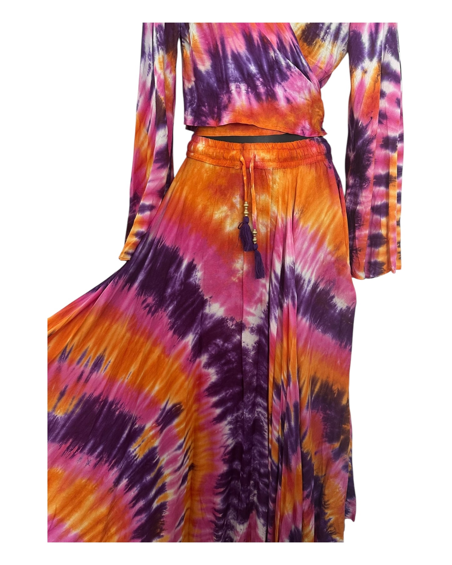 Boho Tie-Dye 2-Piece Set - Wrap Top & Flowy Skirt with Pockets
