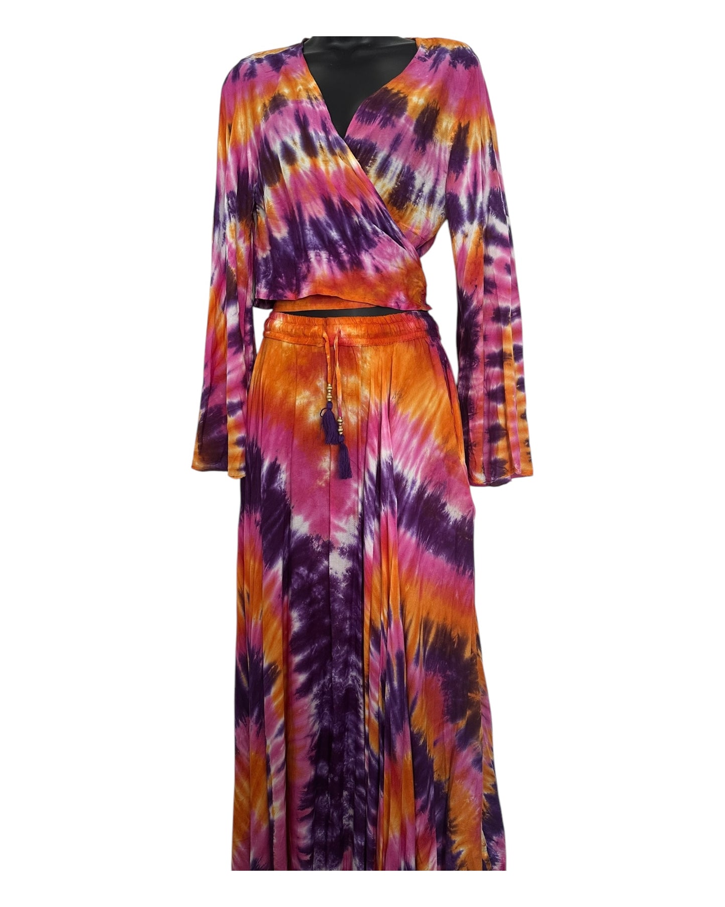 Boho Tie-Dye 2-Piece Set - Wrap Top & Flowy Skirt with Pockets