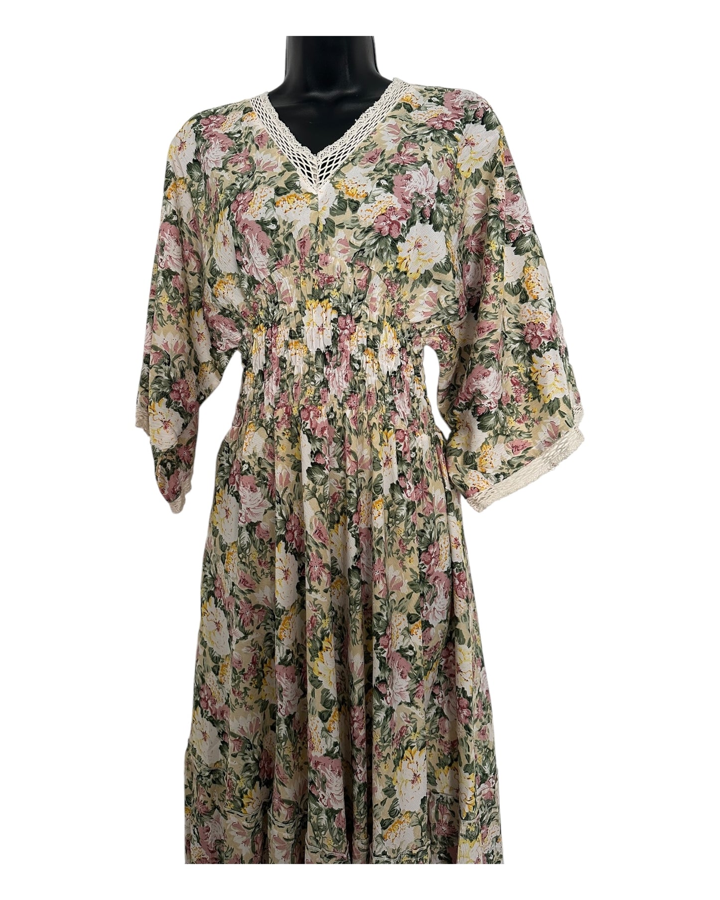 Boho Floral Maxi Dress with Crochet Trim