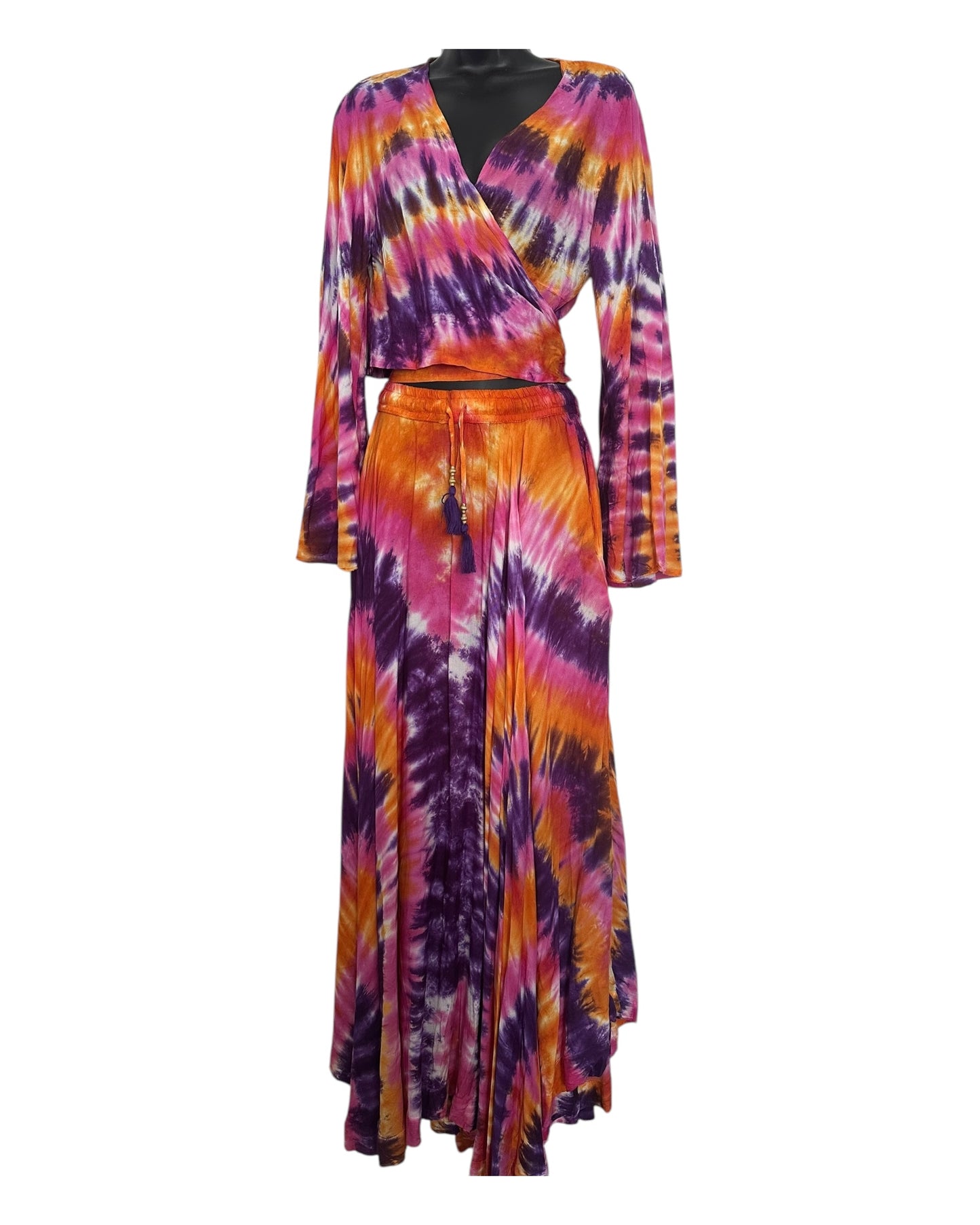 Boho Tie-Dye 2-Piece Set - Wrap Top & Flowy Skirt with Pockets