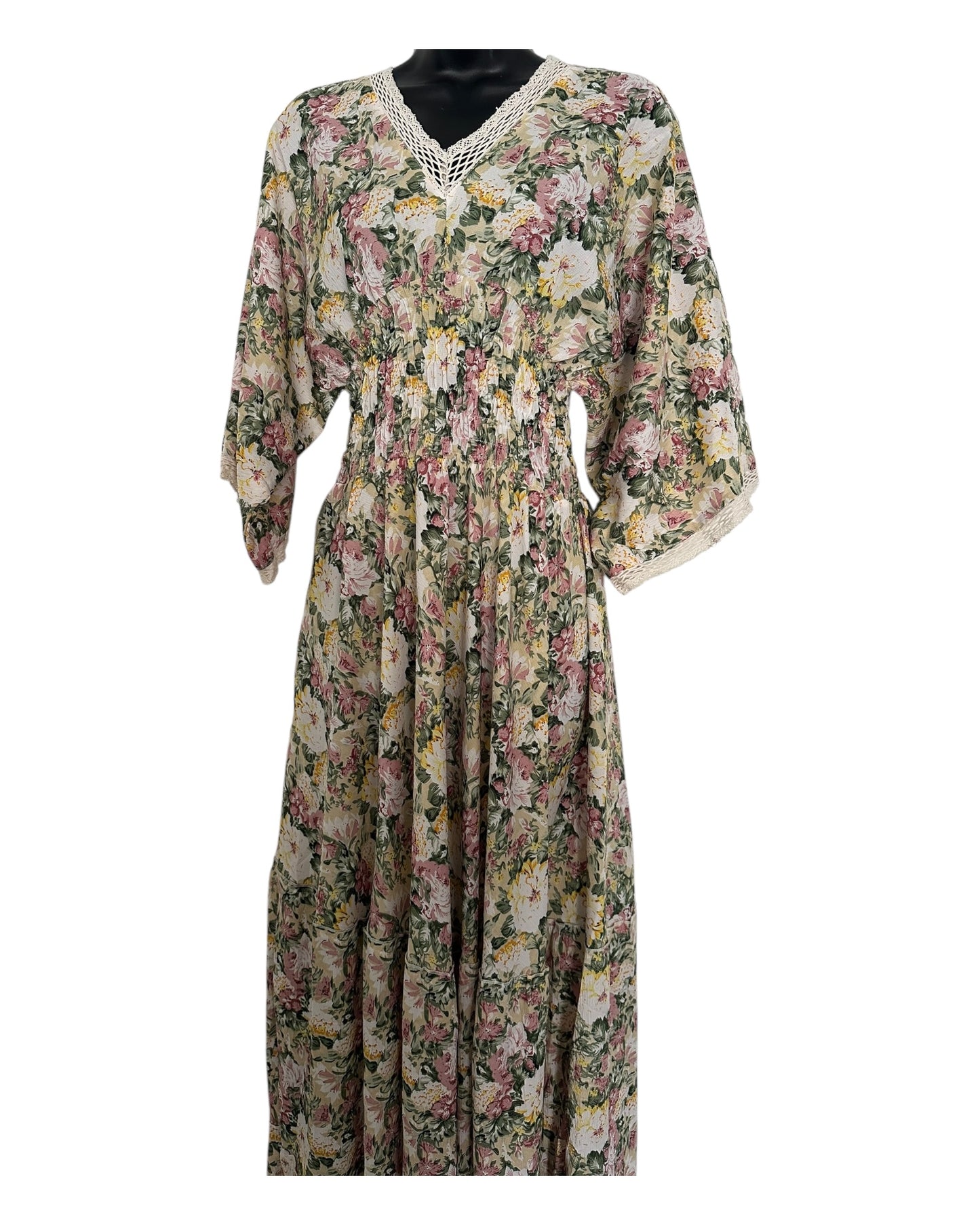 Boho Floral Maxi Dress with Crochet Trim