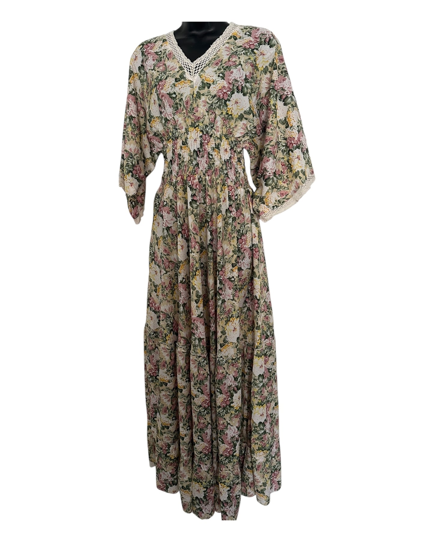 Boho Floral Maxi Dress with Crochet Trim