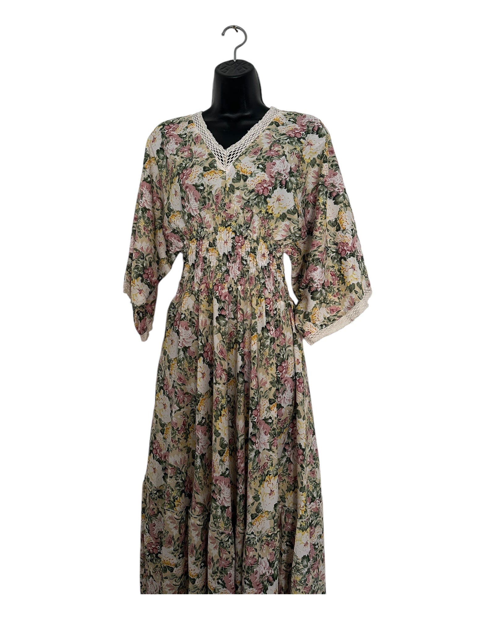 Boho Floral Maxi Dress with Crochet Trim