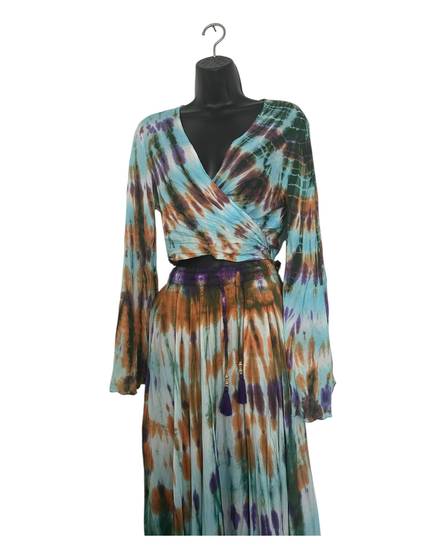 Boho Tie-Dye 2-Piece Set - Wrap Top & Flowy Skirt with Pockets