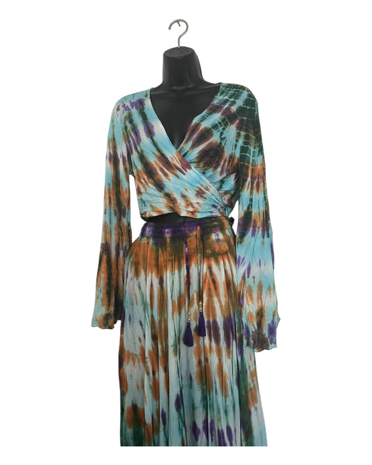 Boho Tie-Dye 2-Piece Set - Wrap Top & Flowy Skirt with Pockets