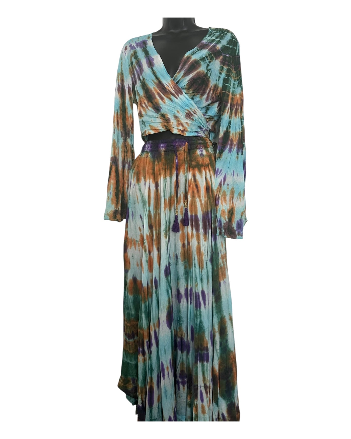 Boho Tie-Dye 2-Piece Set - Wrap Top & Flowy Skirt with Pockets