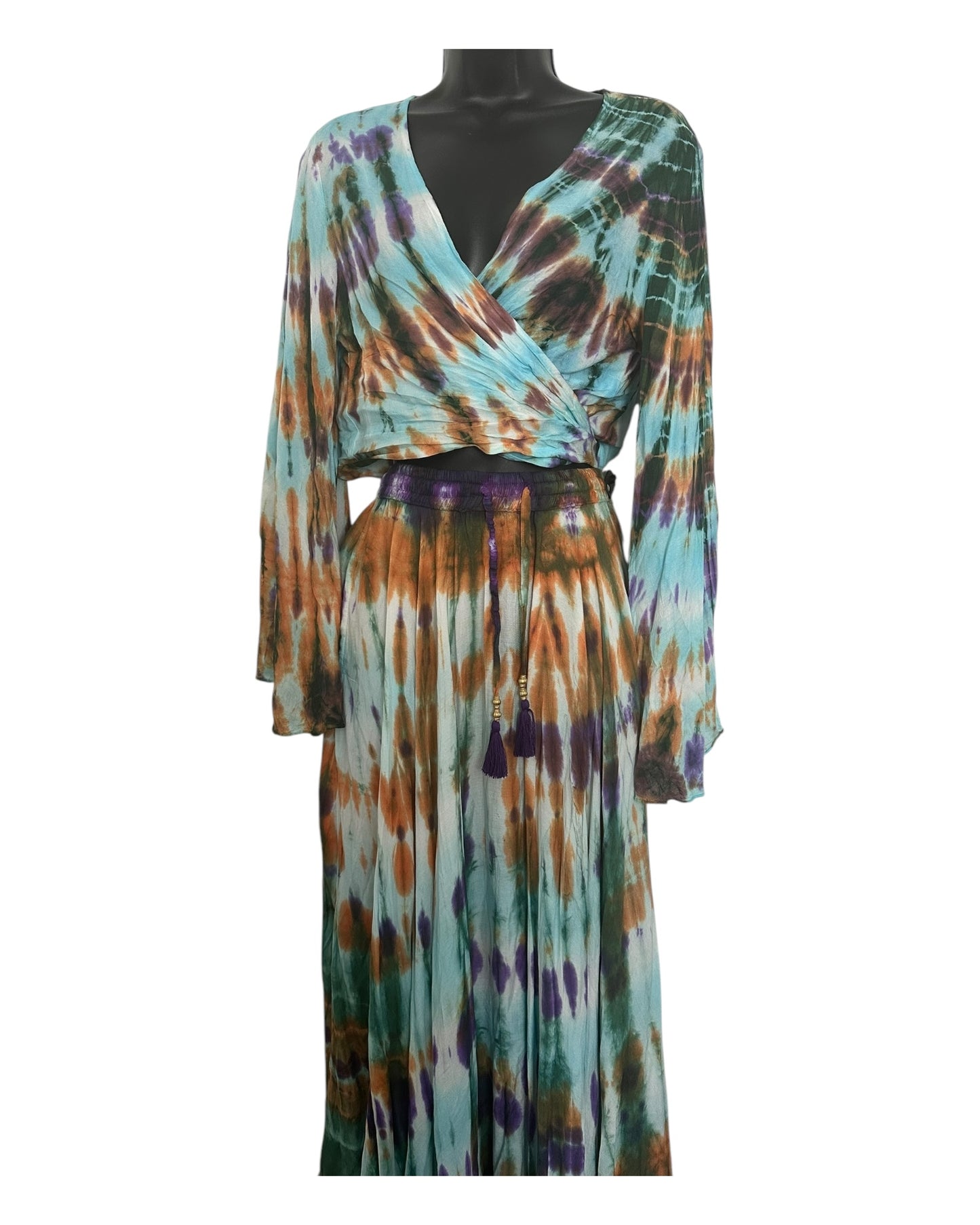 Boho Tie-Dye 2-Piece Set - Wrap Top & Flowy Skirt with Pockets