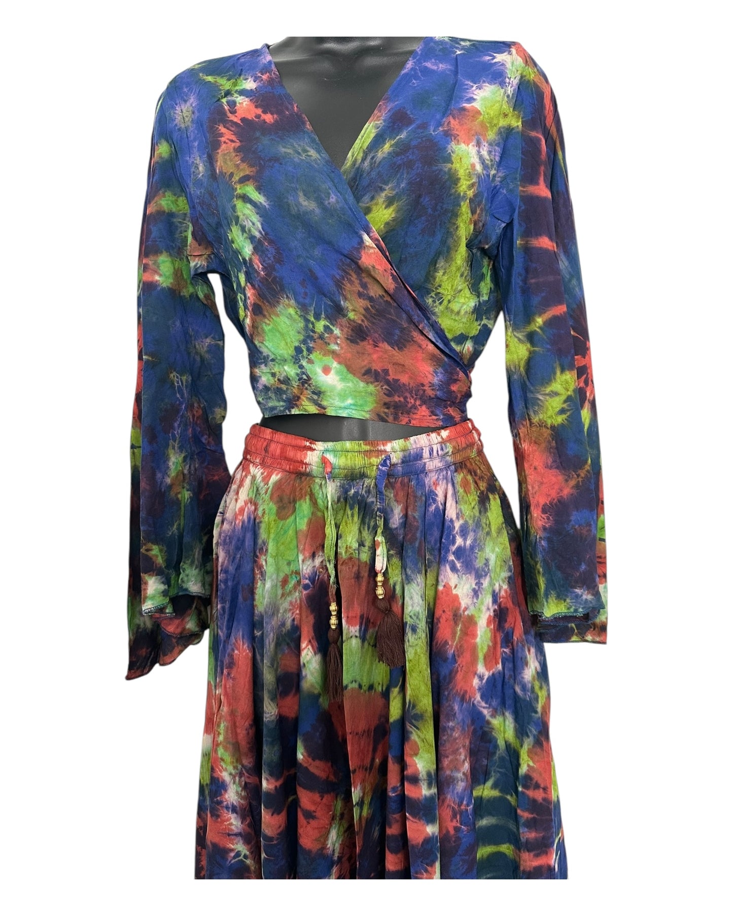 Boho Tie-Dye 2-Piece Set - Wrap Top & Flowy Skirt with Pockets