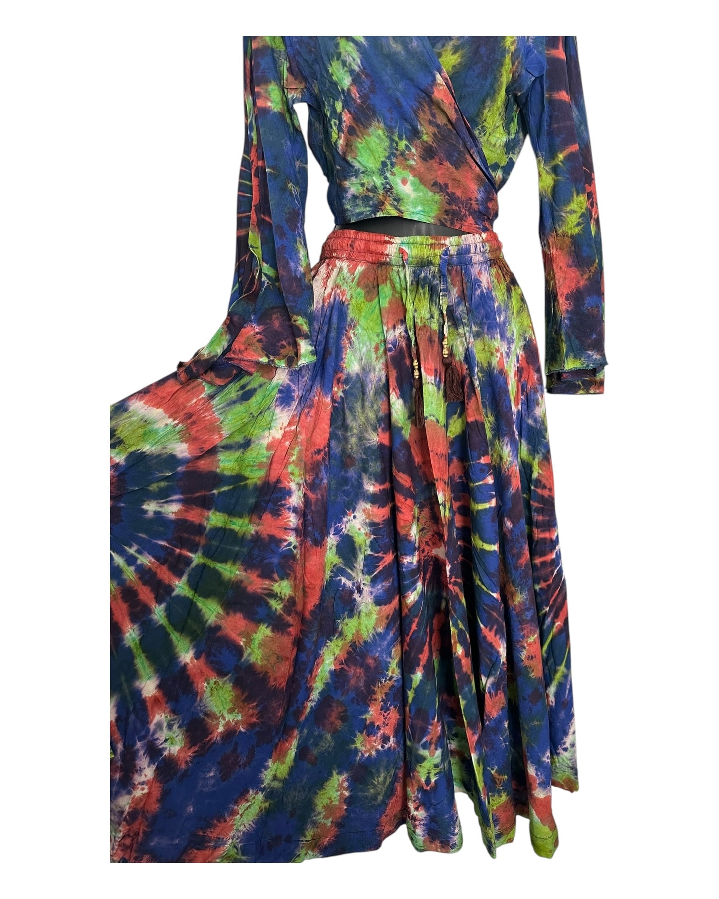 Boho Tie-Dye 2-Piece Set - Wrap Top & Flowy Skirt with Pockets