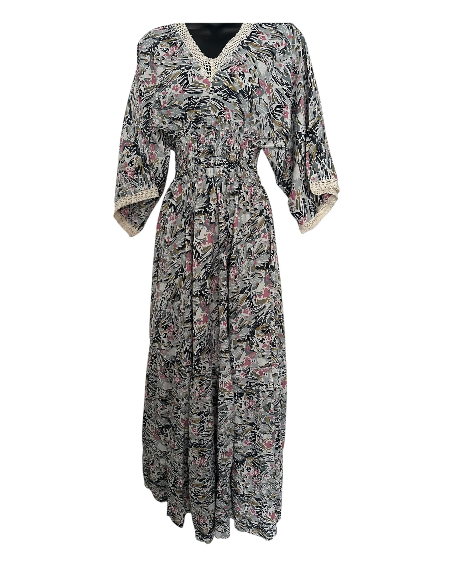 Boho Floral Maxi Dress with Crochet Trim