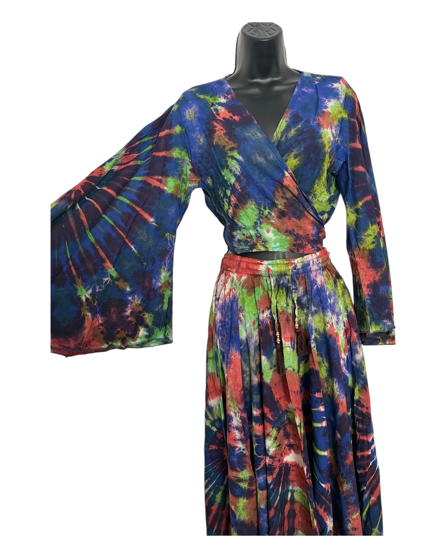 Boho Tie-Dye 2-Piece Set - Wrap Top & Flowy Skirt with Pockets