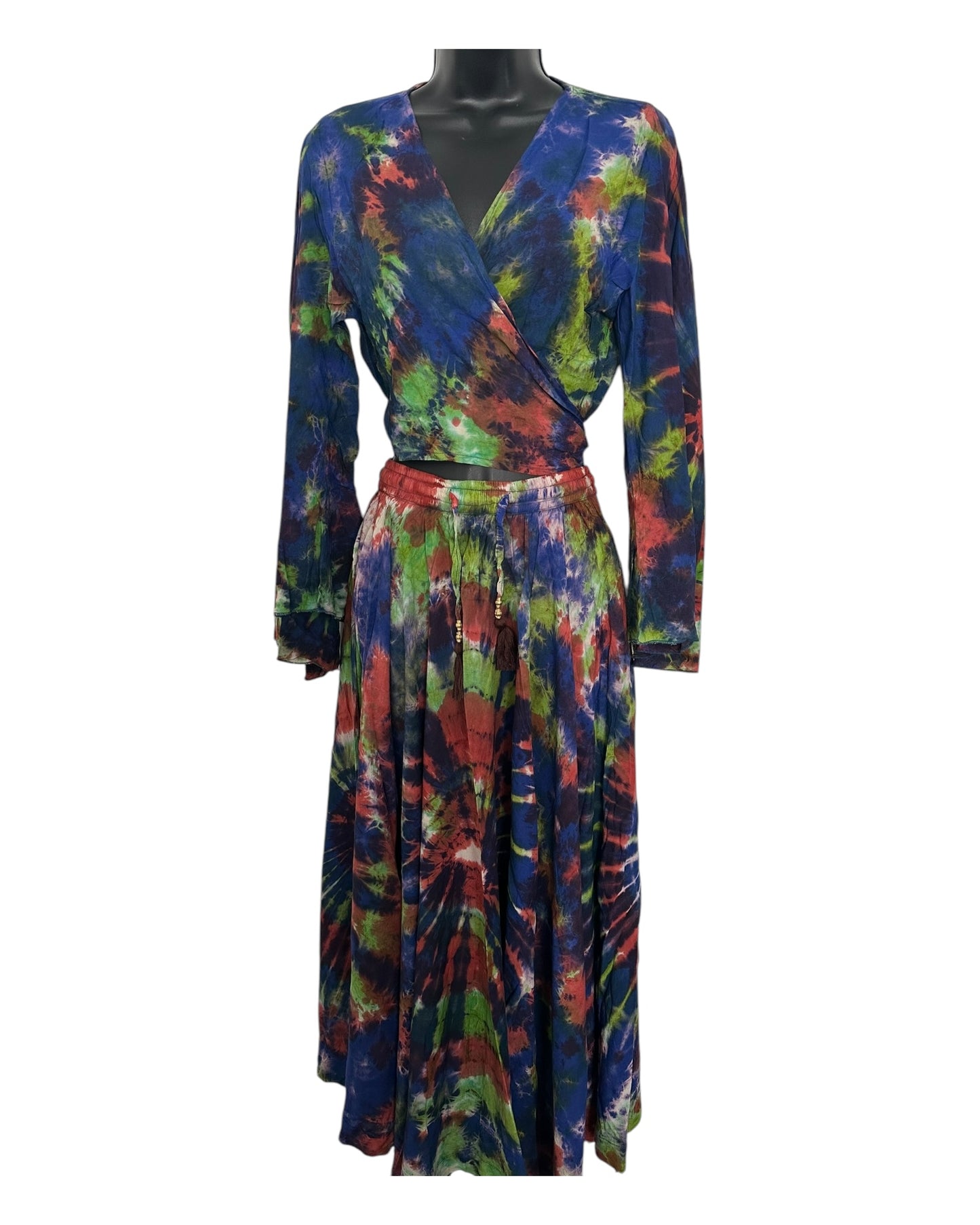 Boho Tie-Dye 2-Piece Set - Wrap Top & Flowy Skirt with Pockets