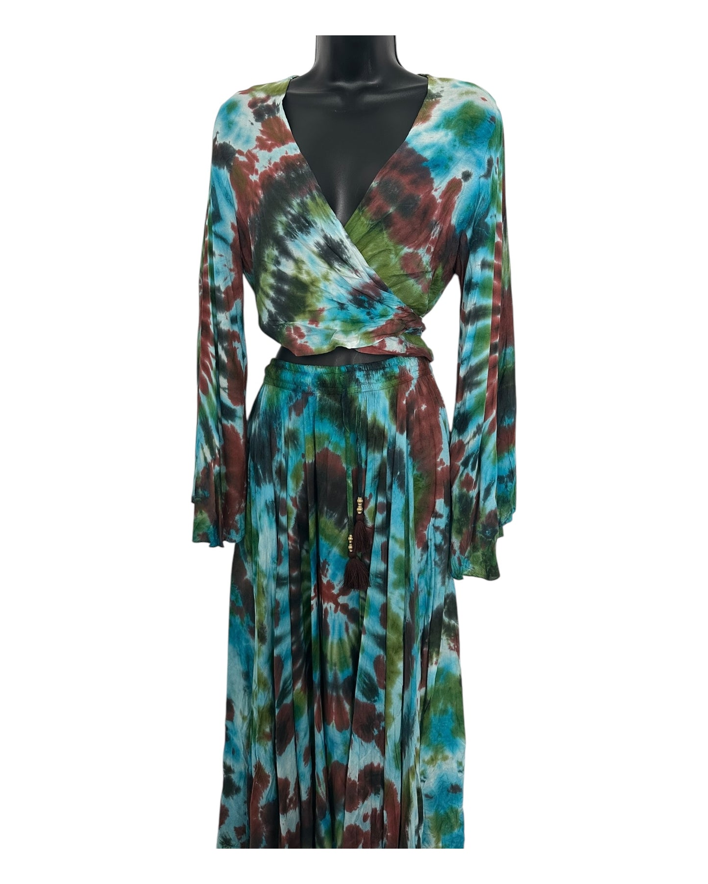 Boho Tie-Dye 2-Piece Set - Wrap Top & Flowy Skirt with Pockets