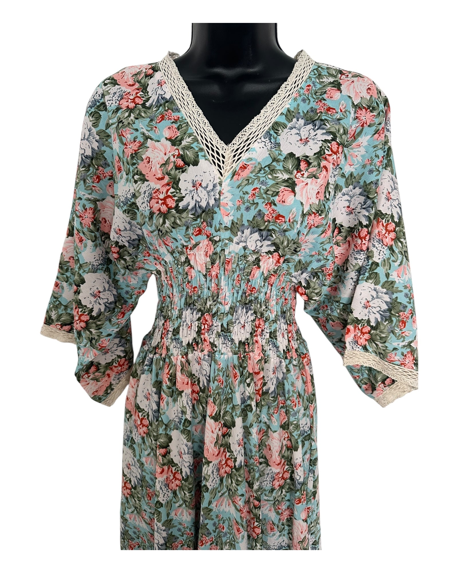 Boho Floral Maxi Dress with Crochet Trim