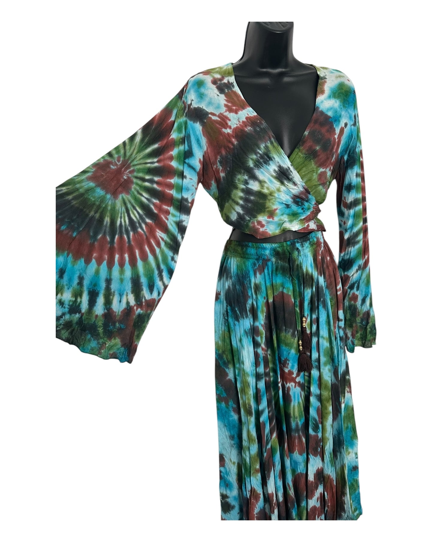 Boho Tie-Dye 2-Piece Set - Wrap Top & Flowy Skirt with Pockets