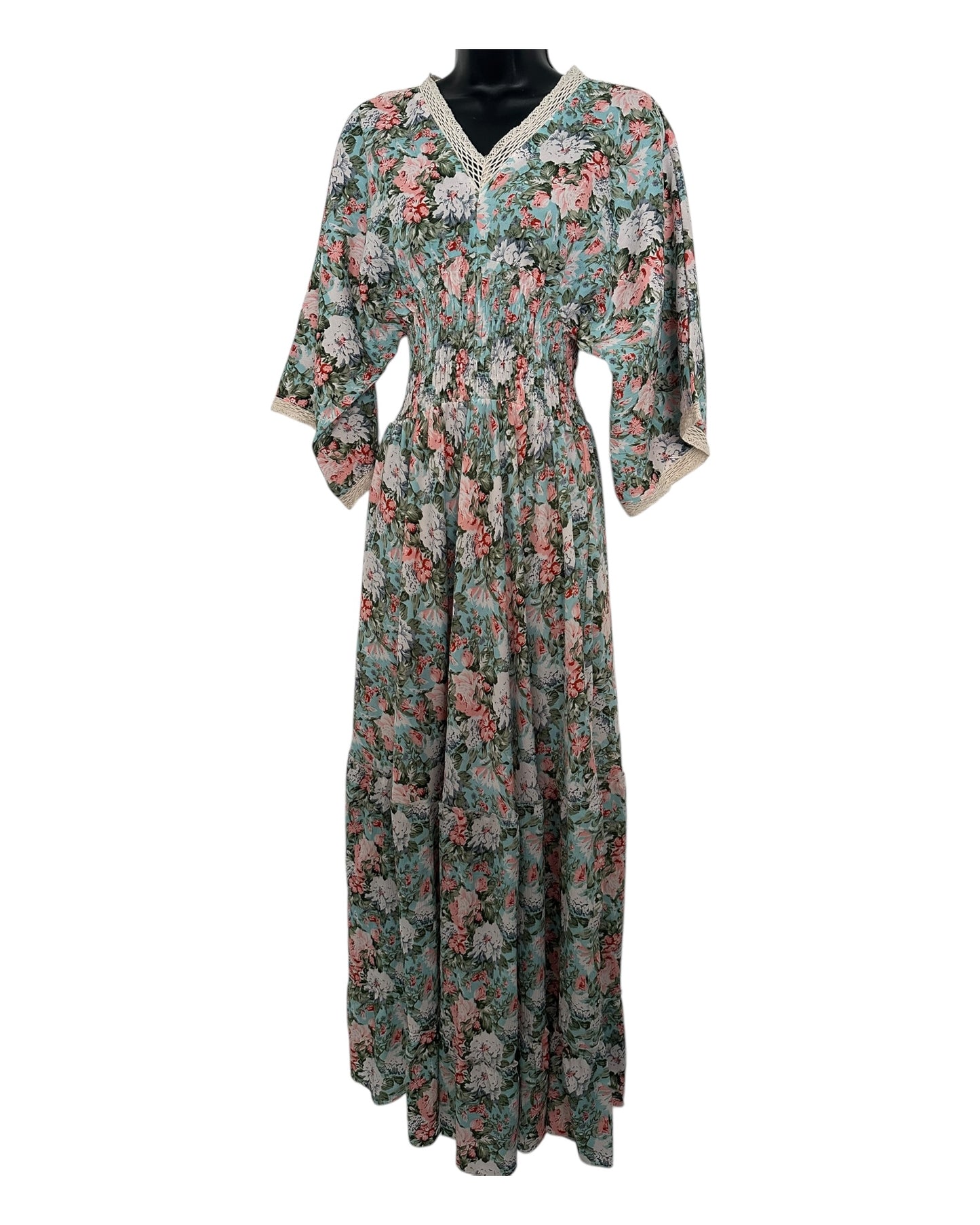 Boho Floral Maxi Dress with Crochet Trim