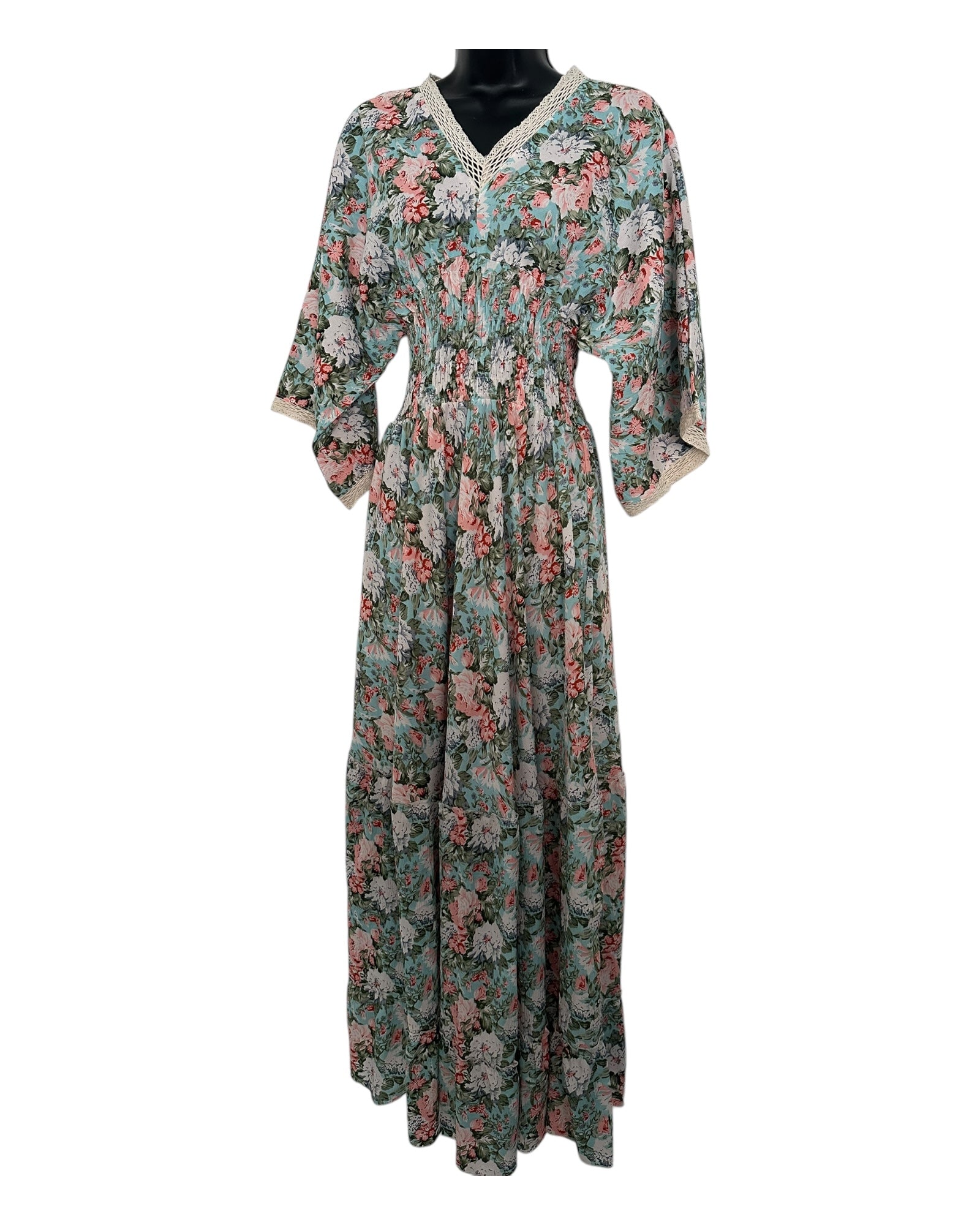 Boho Floral Maxi Dress with Crochet Trim