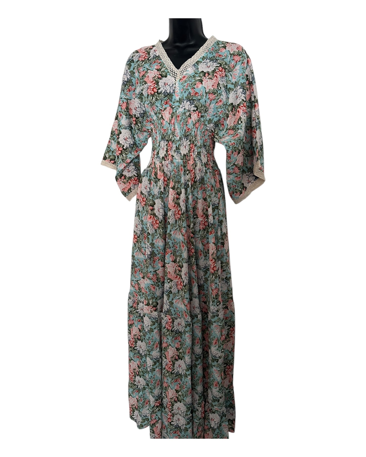 Boho Floral Maxi Dress with Crochet Trim