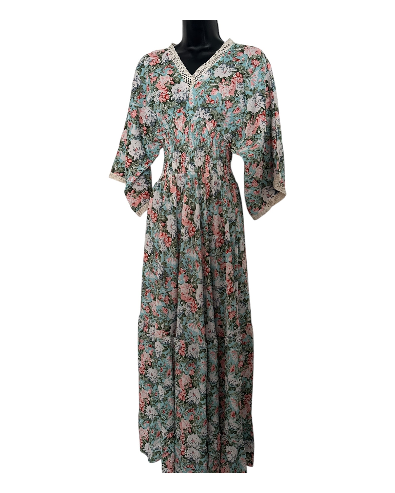 Boho Floral Maxi Dress with Crochet Trim