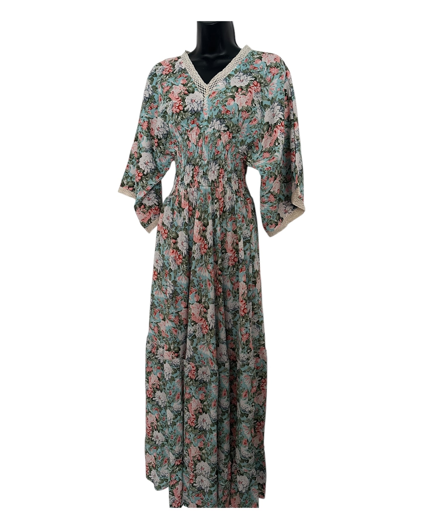 Boho Floral Maxi Dress with Crochet Trim