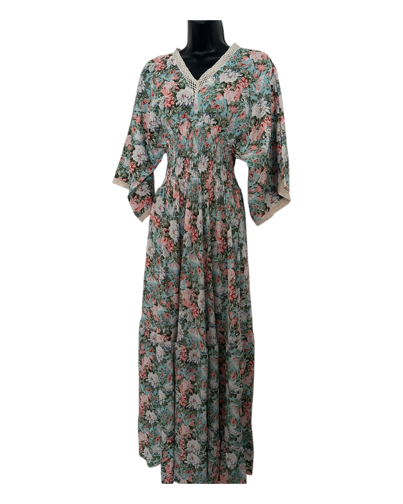 Boho Floral Maxi Dress with Crochet Trim
