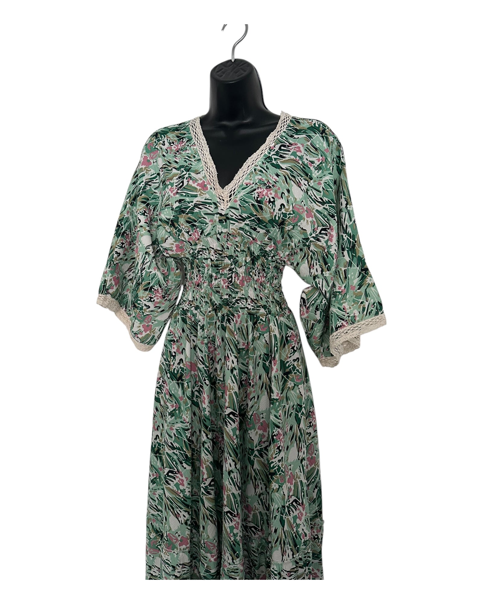 Boho Floral Maxi Dress with Crochet Trim