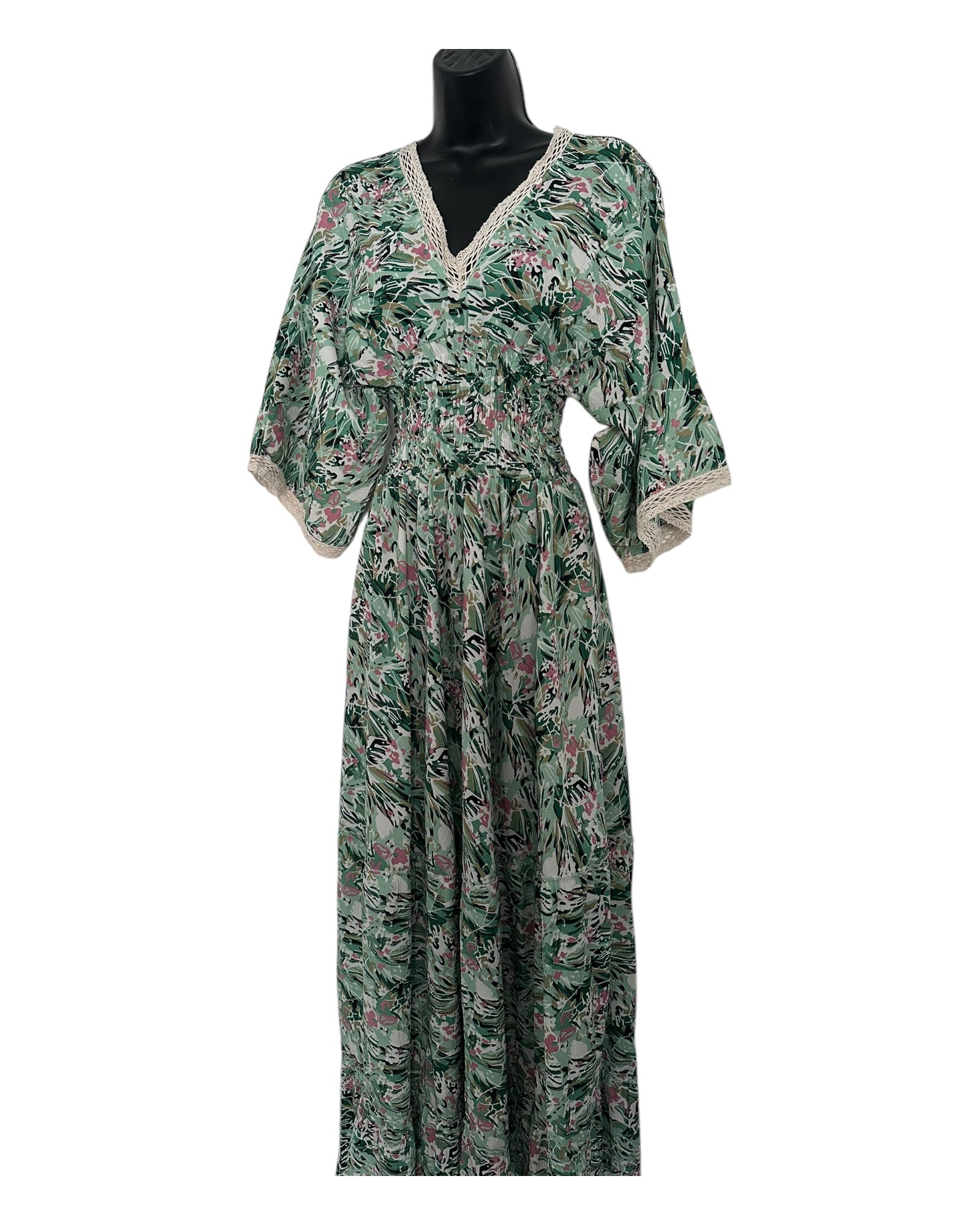 Boho Floral Maxi Dress with Crochet Trim