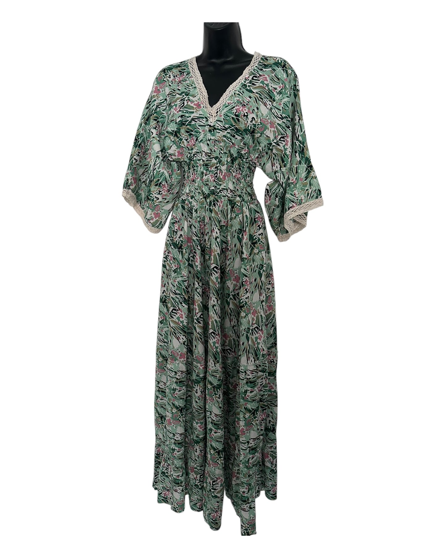 Boho Floral Maxi Dress with Crochet Trim