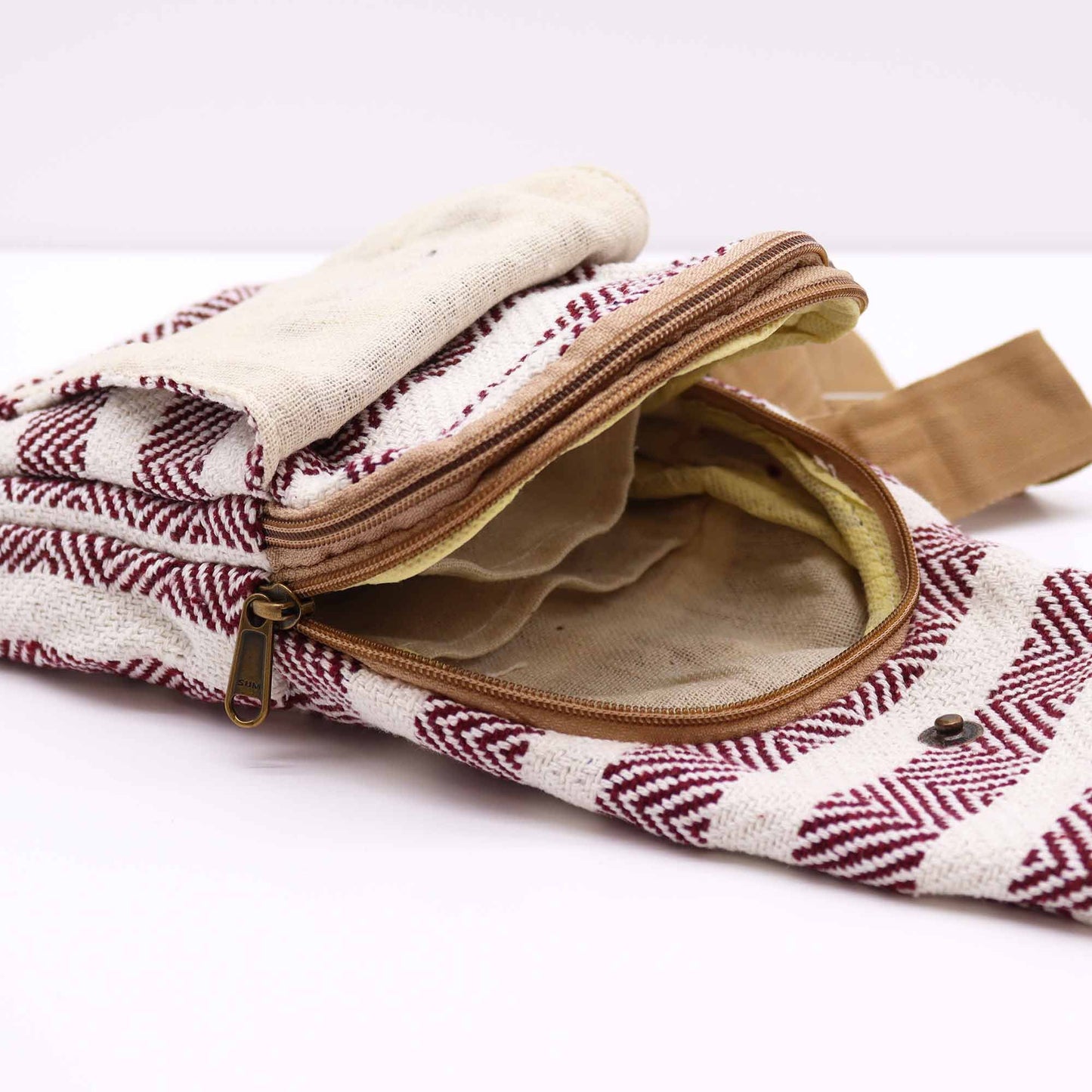 Natural Cotton Cross Body Bag - Burgundy & White