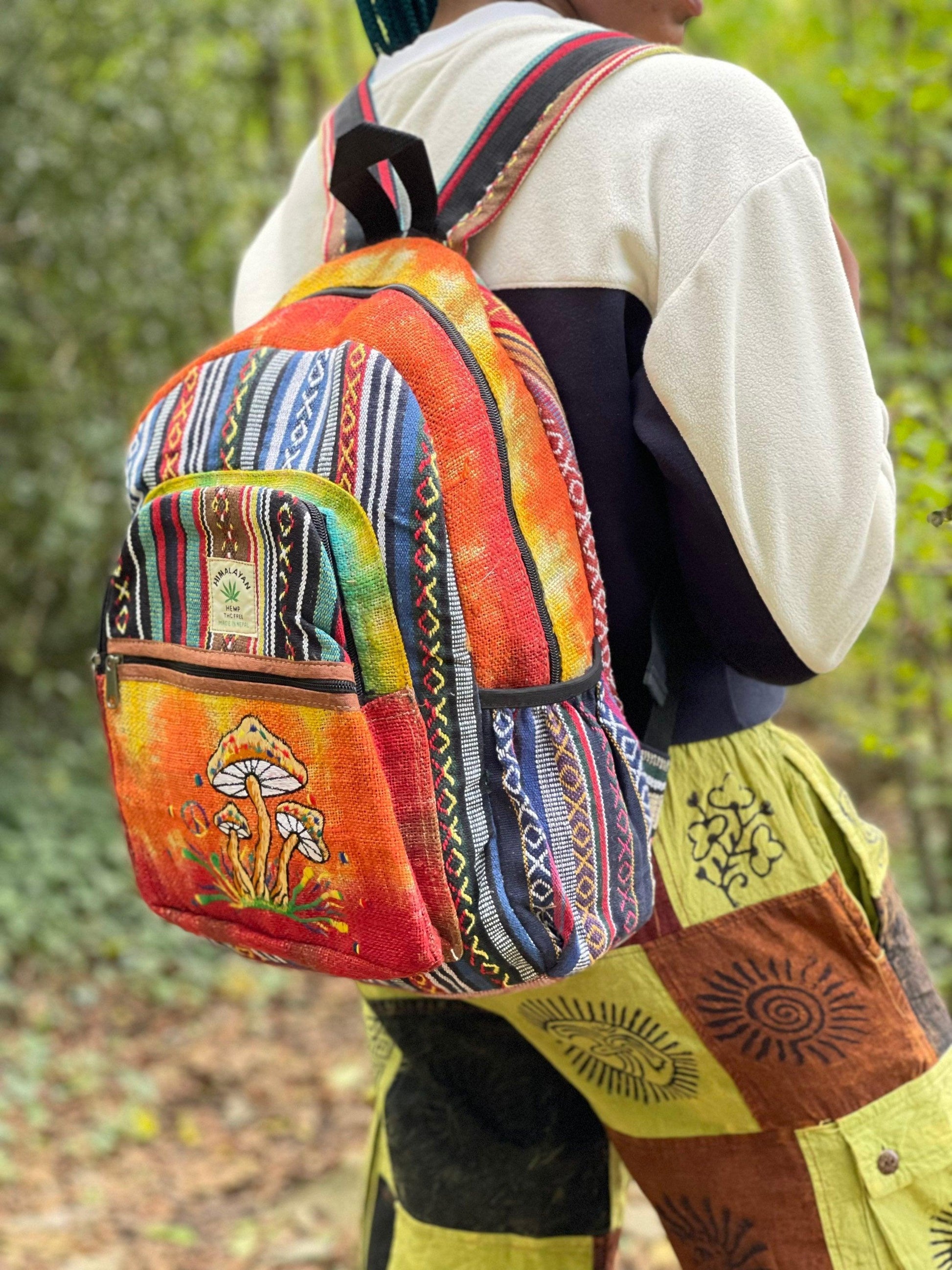 Embroidery Hemp Backpack with Mushroom Design