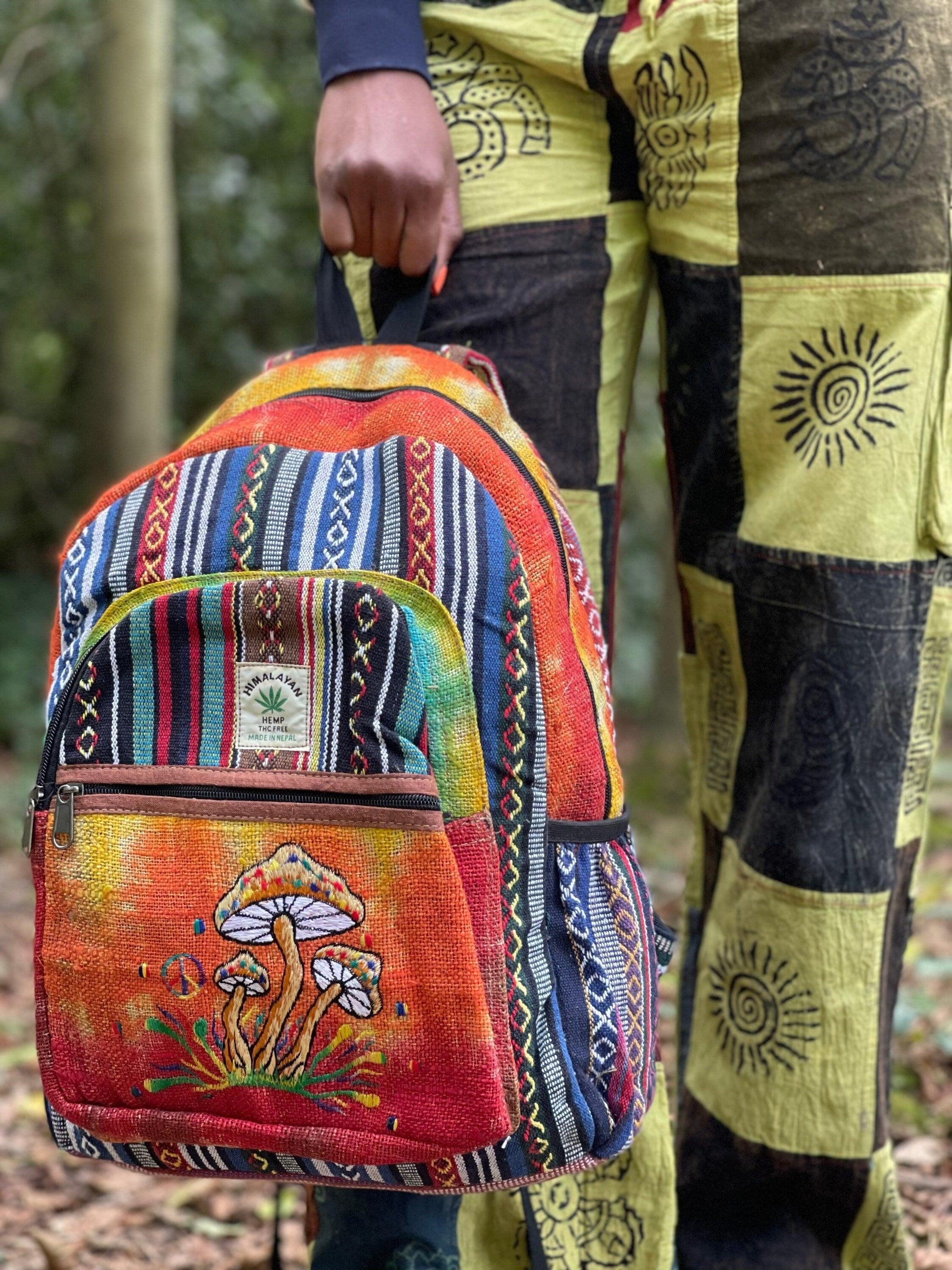 Embroidery Hemp Backpack with Mushroom Design