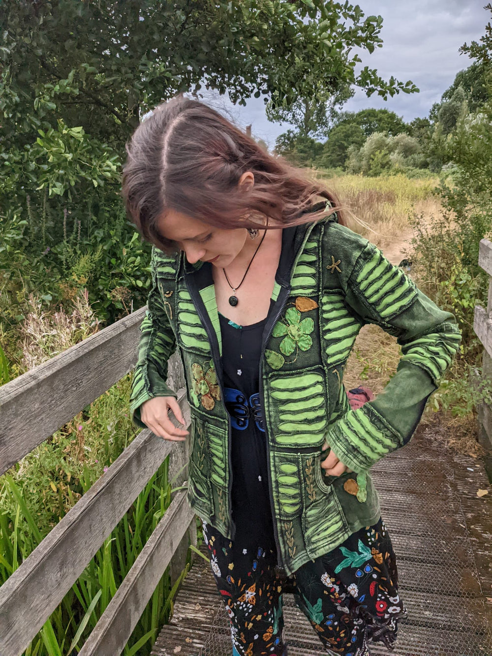 Handcrafted embroidered green cotton hoodie
