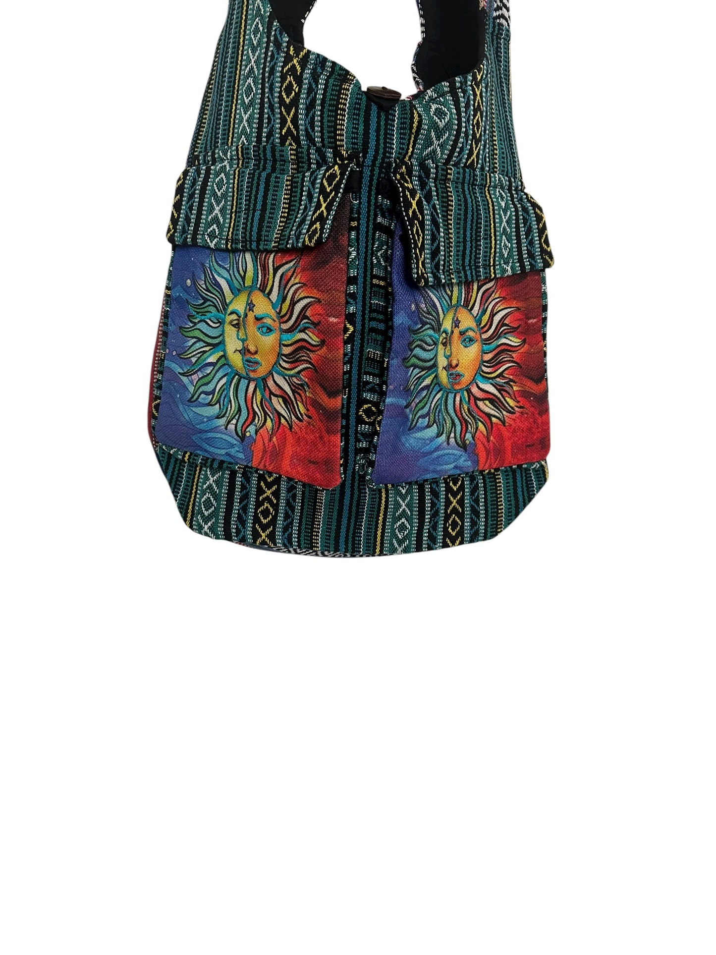 Handmade Cotton Boho Sling Bag – Twin Sun Face Print with Pockets