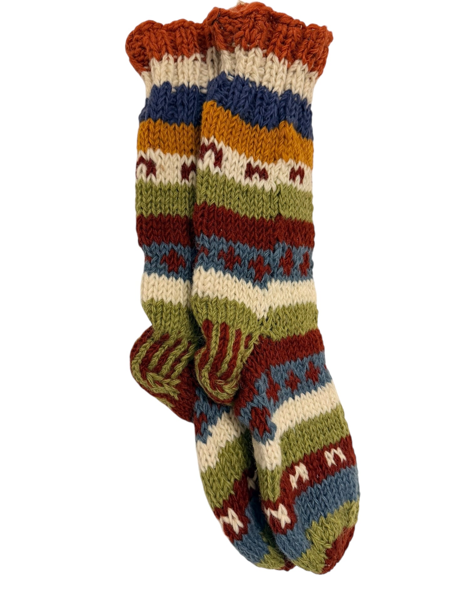 Hand-Knitted Fleece-Lined Organic Wool Socks – Autumn Fair Isle Pattern (Fits up to Size UK 7)
