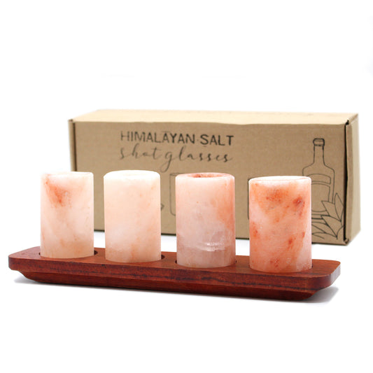 Himalayan Salt Shot Glasses & Wood Serving Stand - Set of 4