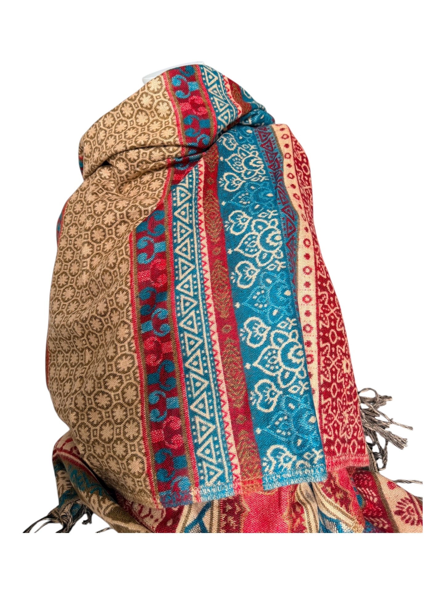 Large Soft Vegan Cashmelion Blanket Scarf Shawl Wrap with Tassels - Berry-Teal Mosaic