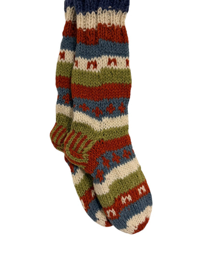 Hand-Knitted Fleece-Lined Organic Wool Socks – Autumn Fair Isle Pattern (Fits up to Size UK 7)