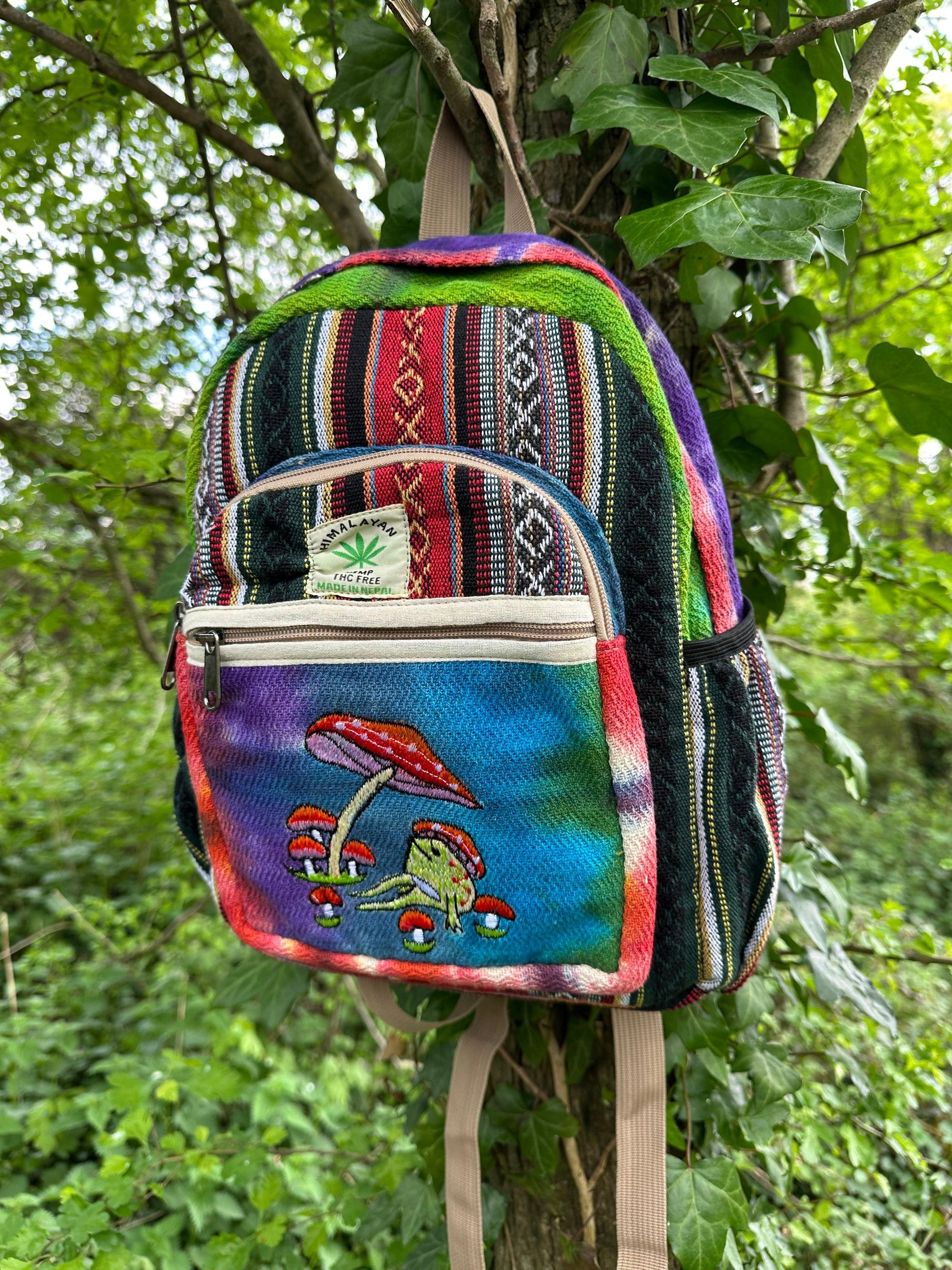 Handmade Himalayan Hemp & Cotton Backpack - Embroidery Mushroom Design (Medium Size)