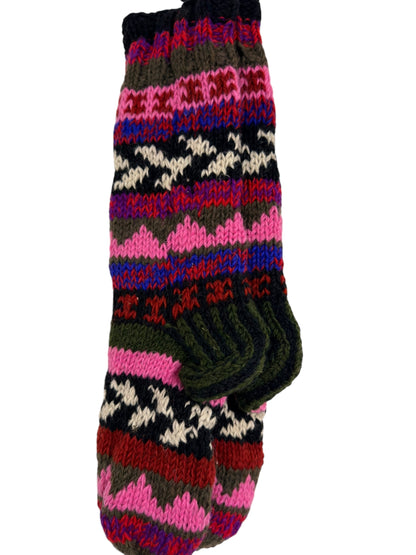 Hand-Knitted Organic Wool Socks – Pink & Olive Pattern