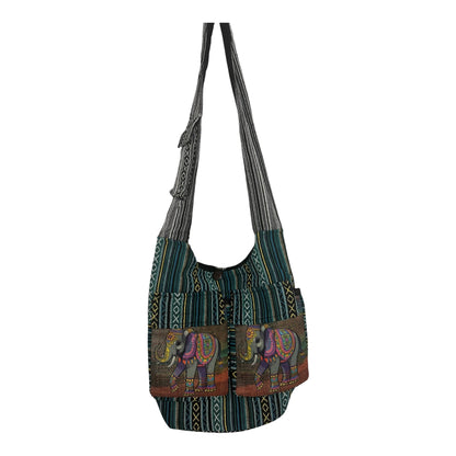 Handmade Cotton Boho Sling Bag – Elephant Print with Dual Front Pockets
