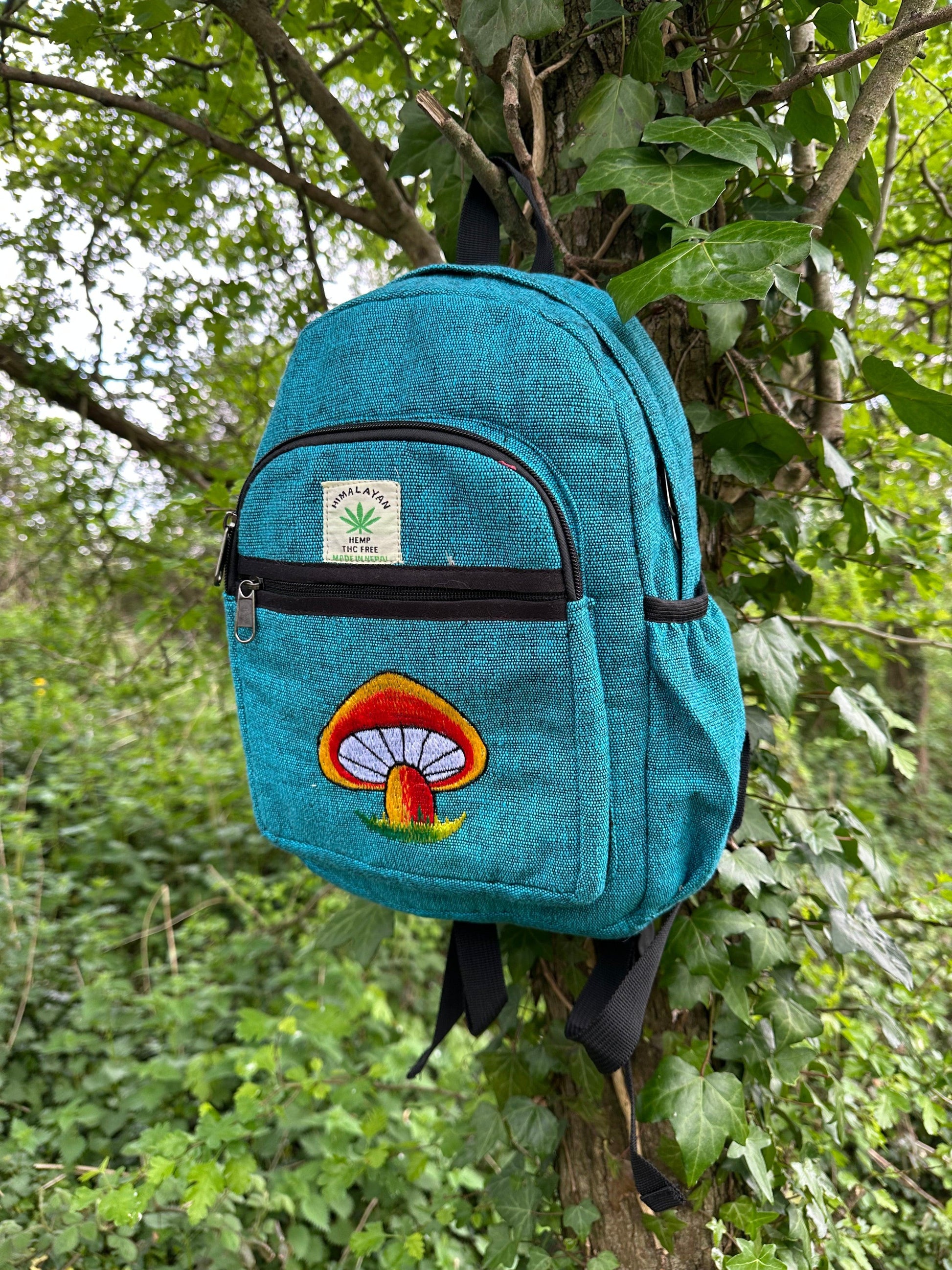 Handmade Himalayan Hemp & Cotton Backpack - Embroidery Mushroom Design (Medium Size)
