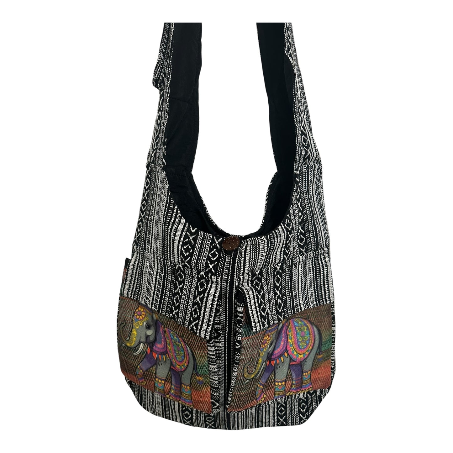 Handmade Cotton Boho Sling Bag – Elephant Print with Dual Front Pockets