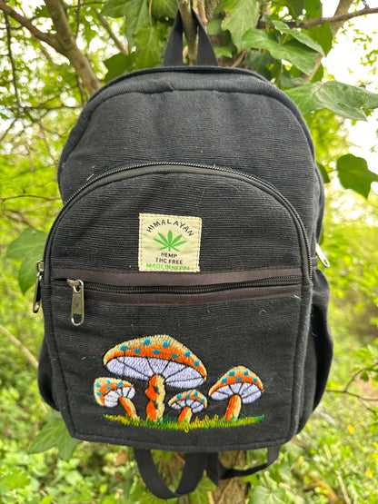 Handmade Himalayan Hemp & Cotton Backpack - Embroidery Mushroom Design (Medium Size)