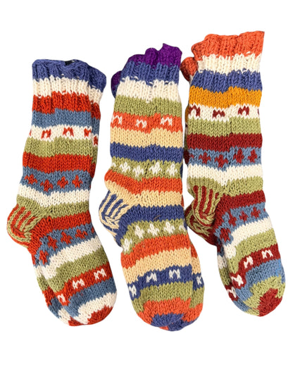 Hand-Knitted Fleece-Lined Organic Wool Socks – Autumn Fair Isle Pattern (Fits up to Size UK 7)